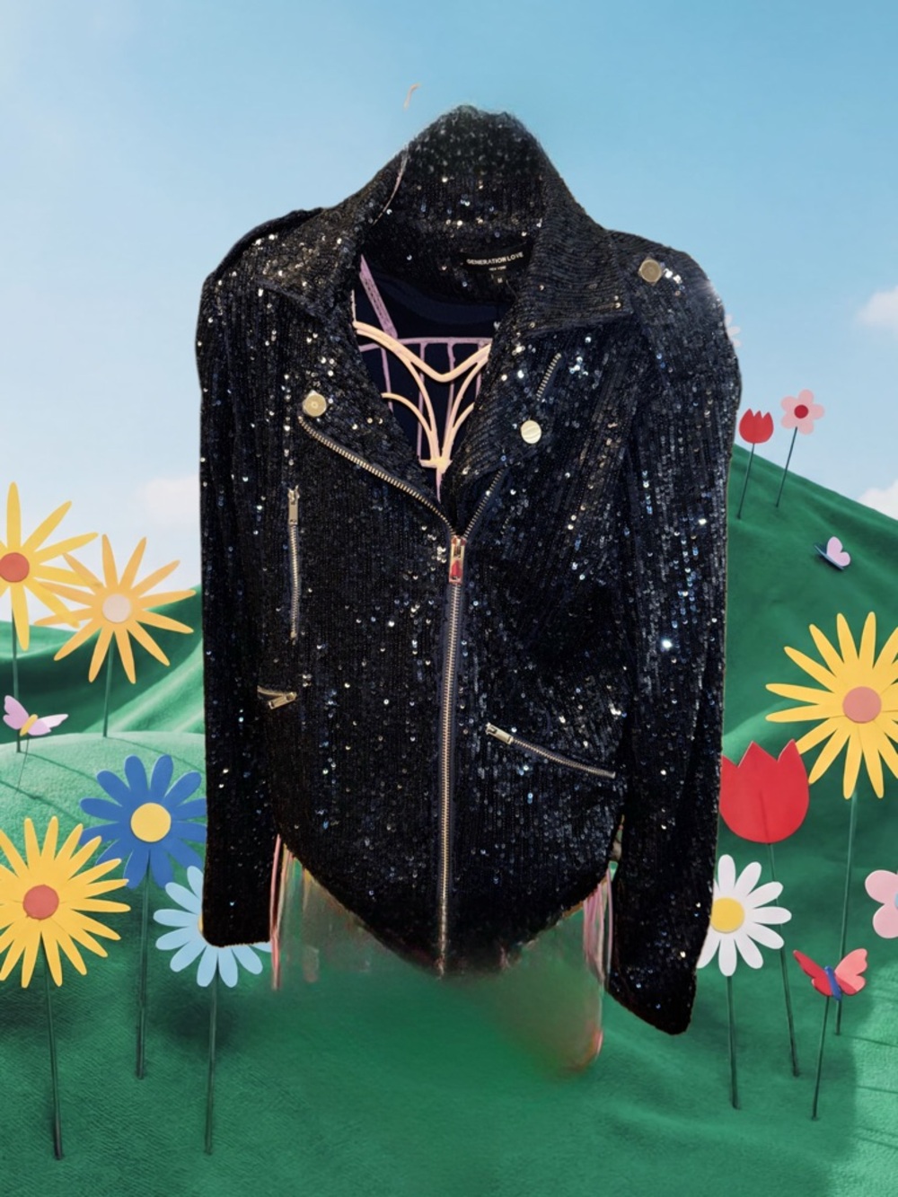 Generation Love NWT Navy Sequin Moto Jacket - Picture 3 of 7